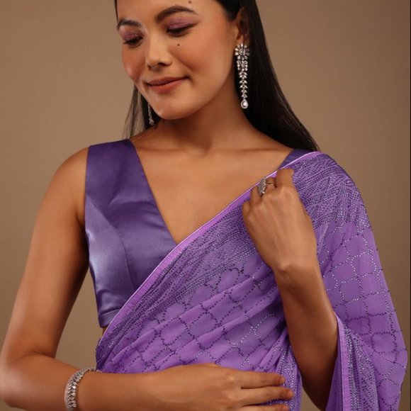 Purple Georgette Saree With Swarovski Stonework On The Borders - Kalki Fashion - Picture 4 of 6